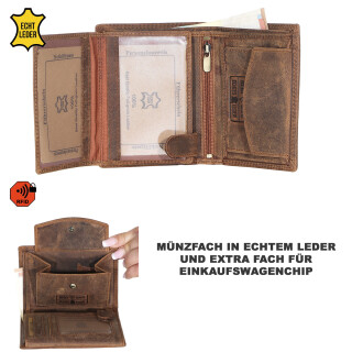 Geldbörse Geldbeute mit RFID aus Echt Leder Braun Hunter Vintage Portemonnaie Hochformat Hunter Braun